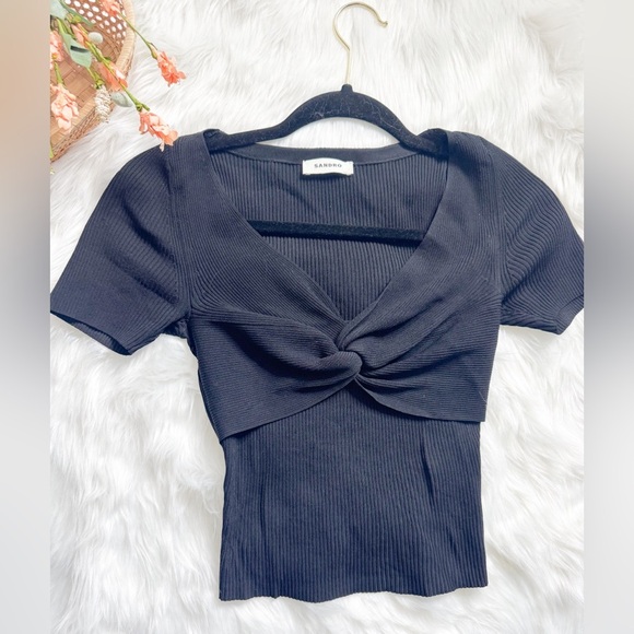 Sandro Paris Twist Front Ribbed Jersey Top Serena - Picture 1 of 2